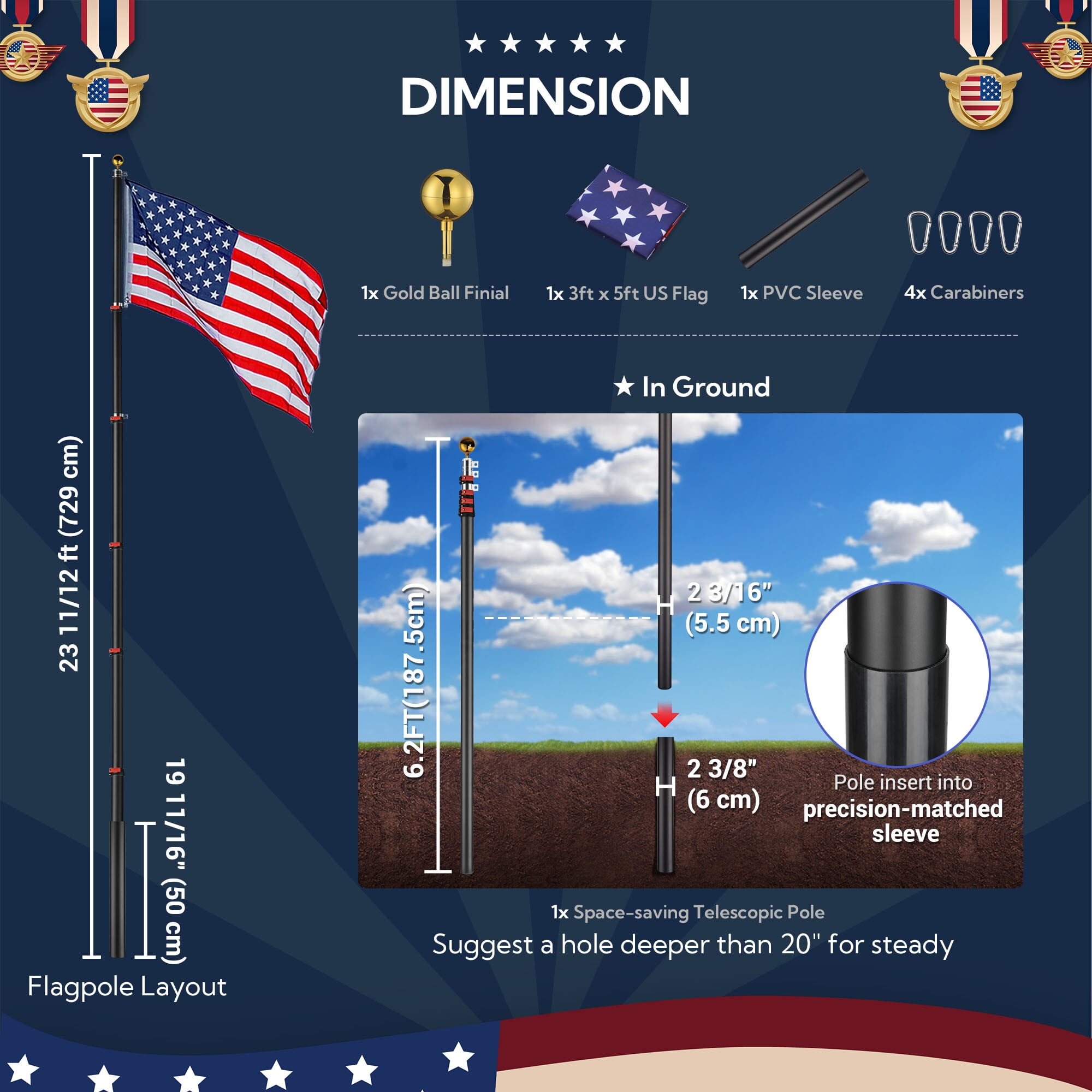 Yescom EZ GO 25ft Telescopic Flag Pole Kit Upgrade Rotating Lock for Outside Inground with 3x5' US Flag Ball Top Black