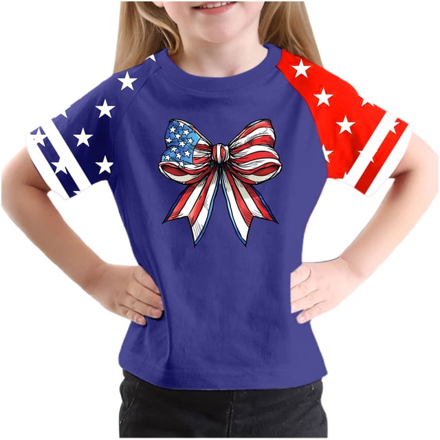 T-Shirt à Manches Courtes pour la Fête de l'Indépendance pour Garçons et Filles Tout-Petits, Mélange Doux de Polyester-Spandex, Col Rond, Imprimé Coloré, Port Toutes Saisons, Lavable à la Main