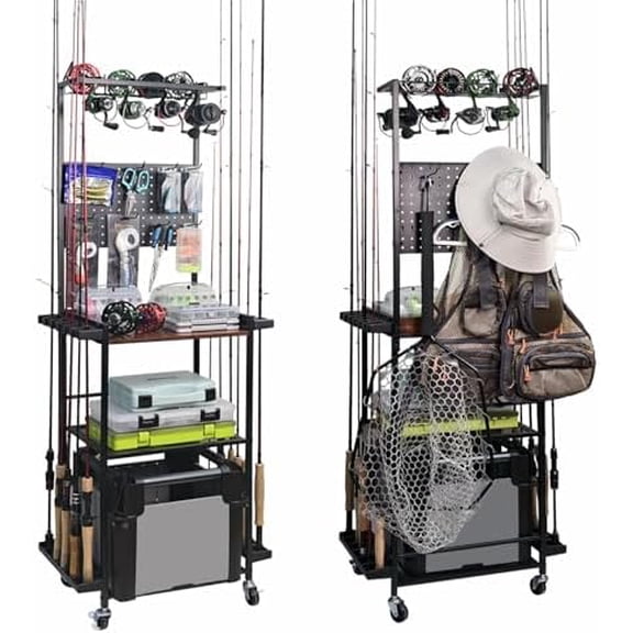 Fishing Rod Holders For Garage, 3-Tire Fishing Rod Rack with Pegboard and 10 Hooks, Fishing Pole Holders For 12 Rods And Storage Basket For 4 Spinning Reel$$Sport & Recreation Other