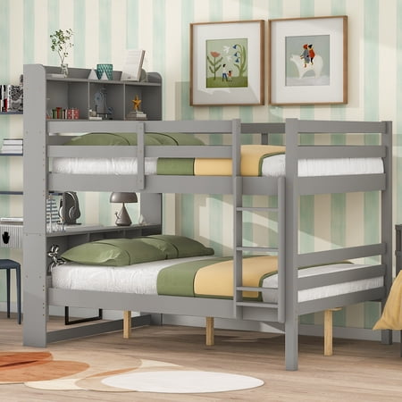 Full Over Full Bunk Beds with Bookcase Headboard  Solid Wood Bed Frame with Safety Rail and Ladder  Kids/Teens Bedroom  Guest Room Furniture  Can Be converted into 2 Beds  Grey