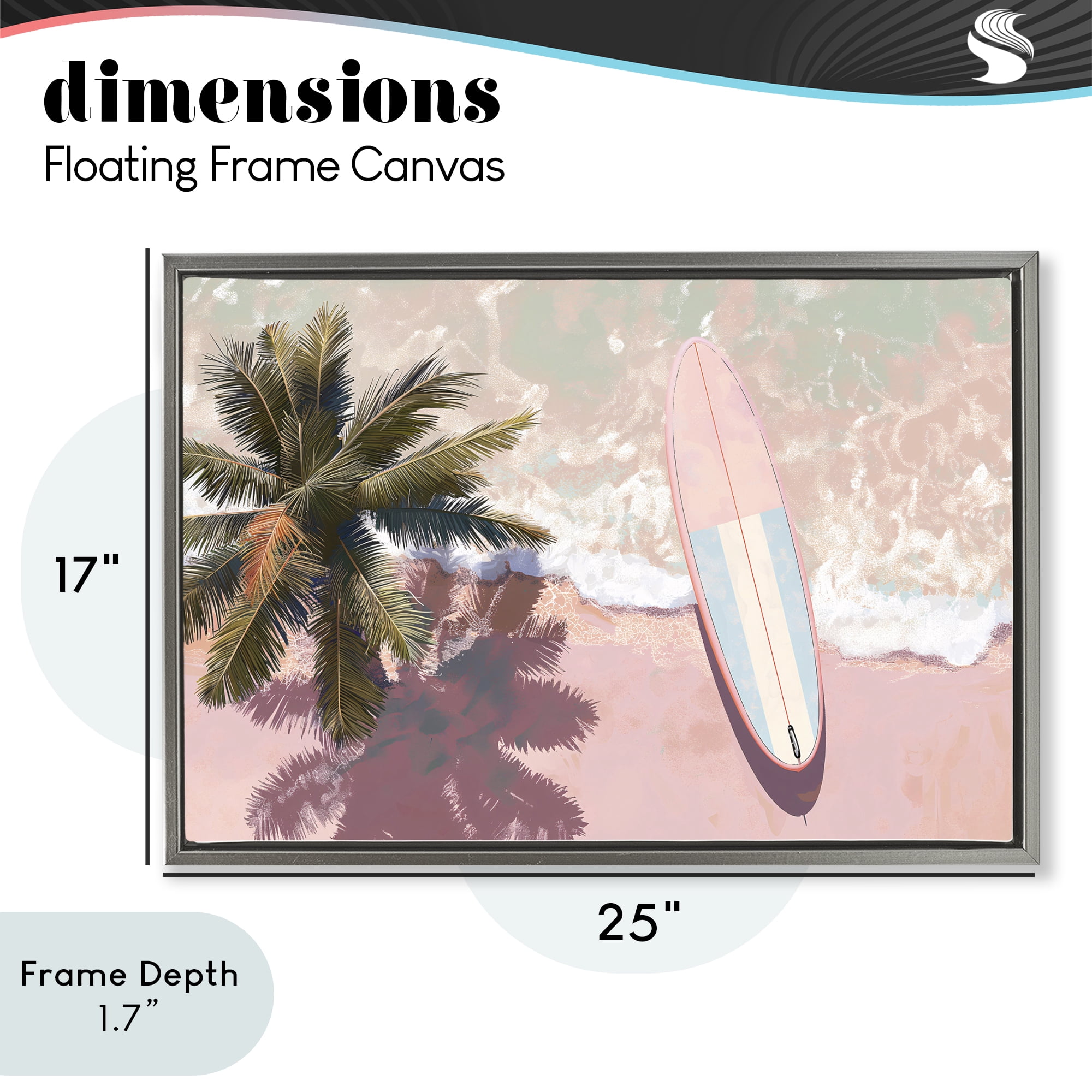 Stupell Industries Blush Pink Surfboard & Palm Gray Framed Floater Canvas Wall Art, design by Jacky Ngan