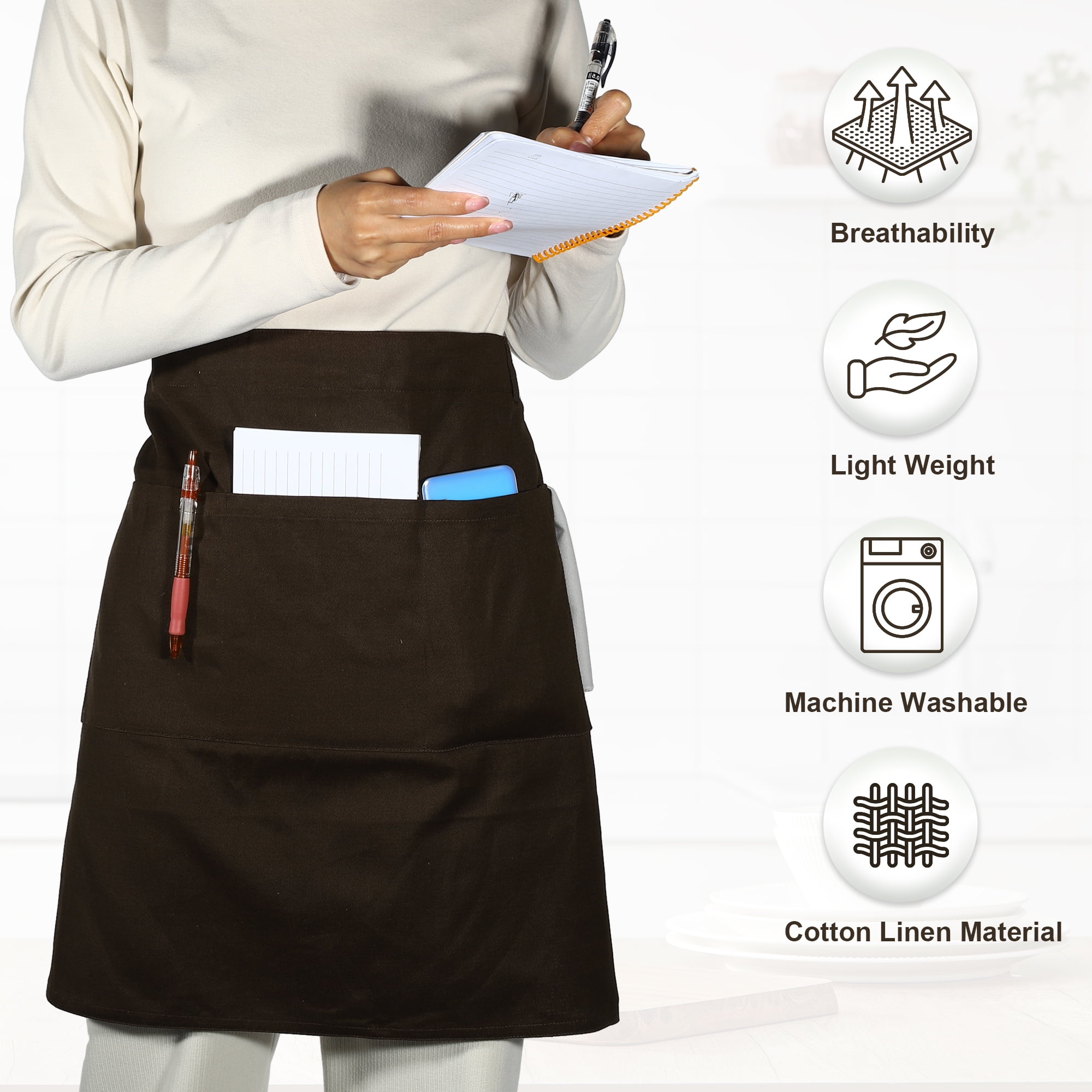 Unique Bargains Serving Cooking Versatile Waist Apron with Pockets Coffee Color