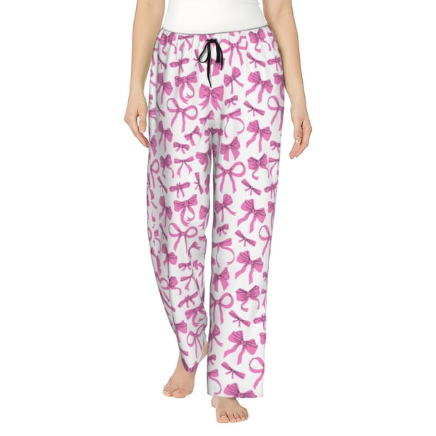 Balery Pink bows Pantalones de pijama para mujer, pijamas ultraligeros, pantalones de estar por casa-Large