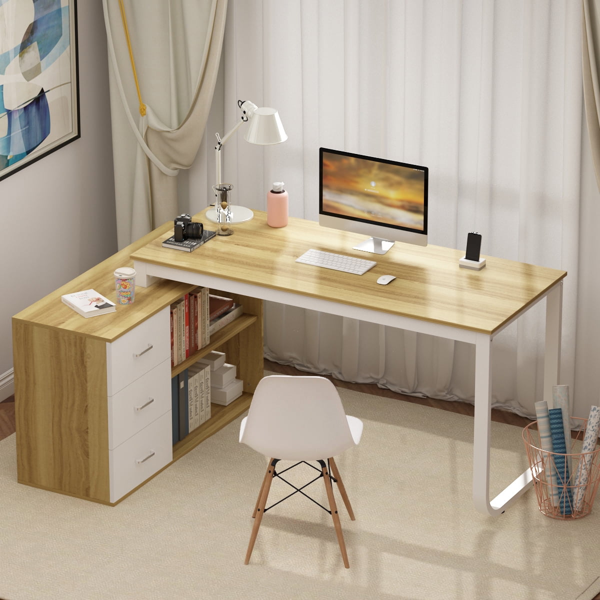 Corner Desk L Shaped Computer Writing Executive Office Shelving Storage Modern 