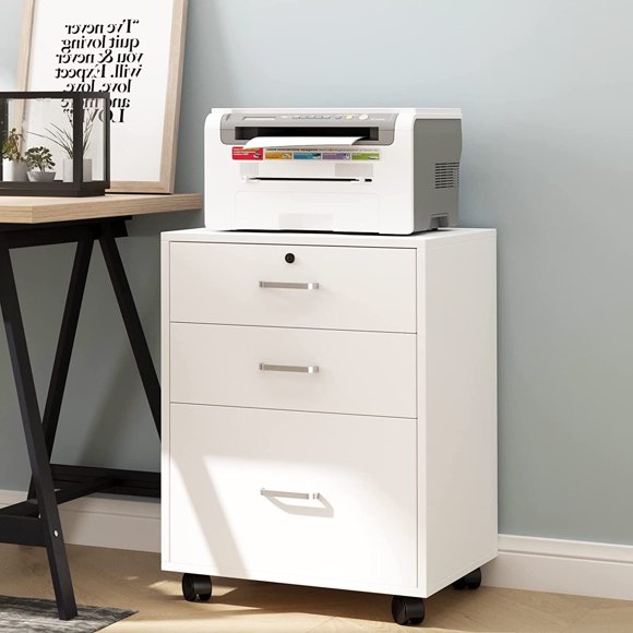 Soges 3 Drawer Mobile File Cabinet, Rolling Filing Cabinet, Modern Office Cabinet with Lock and Wheels, White
