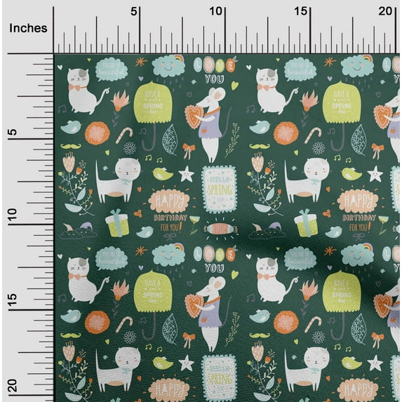 oneOone Cotton Silk Teal Green Fabric Floral|Rat & Cat Cartoon Dress Material Fabric Print Fabric By The Yard 42 Inch Wide