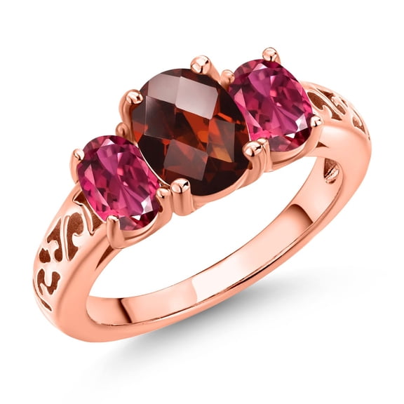 Gem Stone King 18K Rose Gold Plated Silver Red Garnet and Pink Tourmaline Filigree Style 3 Stone Ring for Women (2.48 Cttw, Oval 8X6MM and 6X4MM) (Size 9)