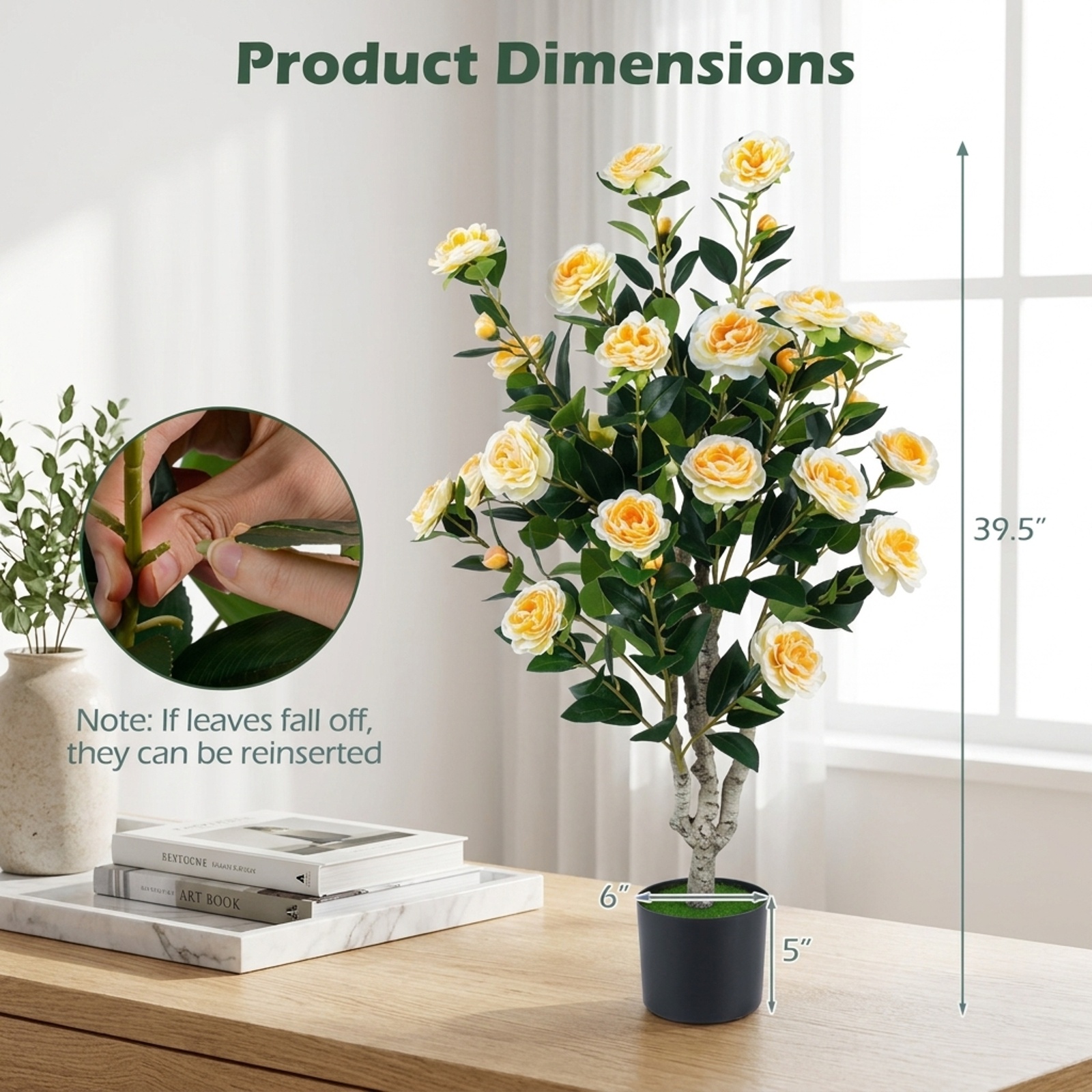 Vebreda Set of 2 39.5-Inch Artificial Camellia Trees with Yellow Flowers and Cement-Filled Pots for Indoor and Outdoor Decoration