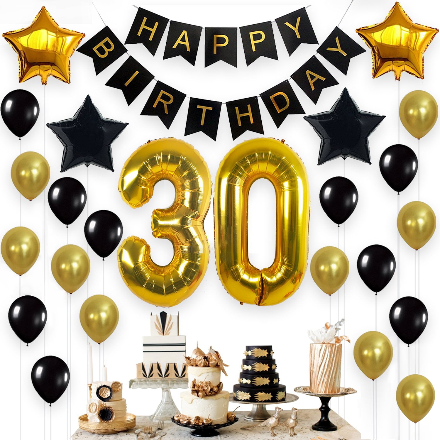SIJIE 30th Birthday Decorations 30 Gold Number Balloons Happy Birthday Banner Birthday Balloons for Black and Gold 30th Birthday Party Supplies