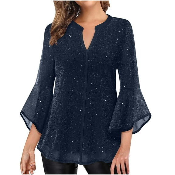 Ltctricy Women's 3/4 Sleeve Tunic Tops V Neck Casual Loose Glitter Mesh Layered Dressy Blouses Trendy Flowy Shirts