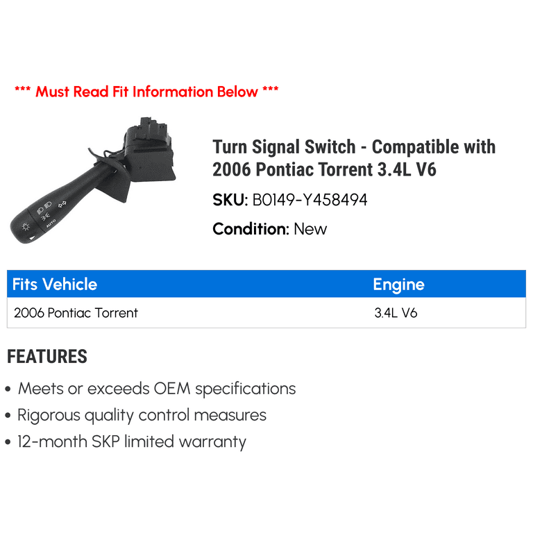 Turn Signal Switch - Compatible With 2006 Pontiac Torrent 3.4L V6.