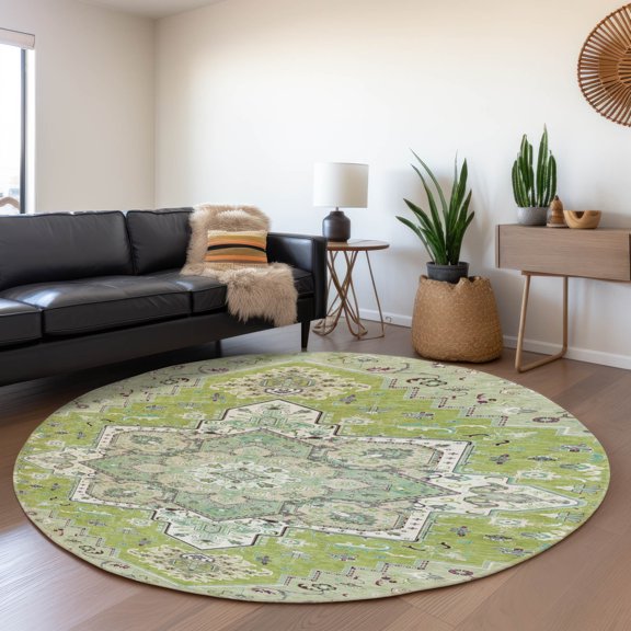 Addison Rugs Mayfield Premium Machine Washable Traditional Oriental Green Round Rug, 8' x 8'