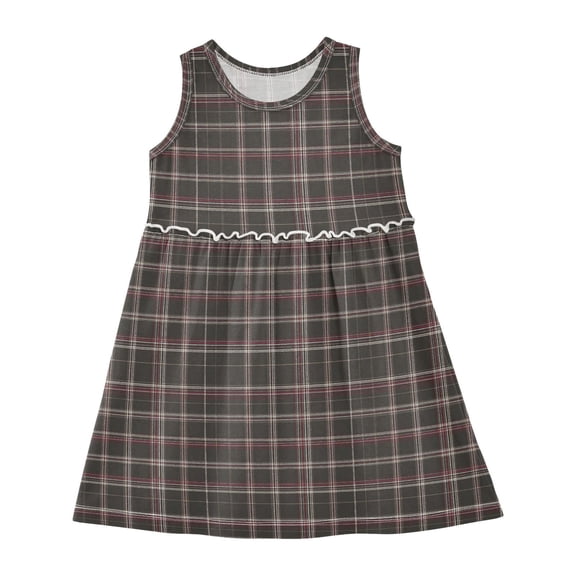 Girls Dress Dark Brown Plaid Sleeveless Dress for Girls Hem A-Line Casual Sundress