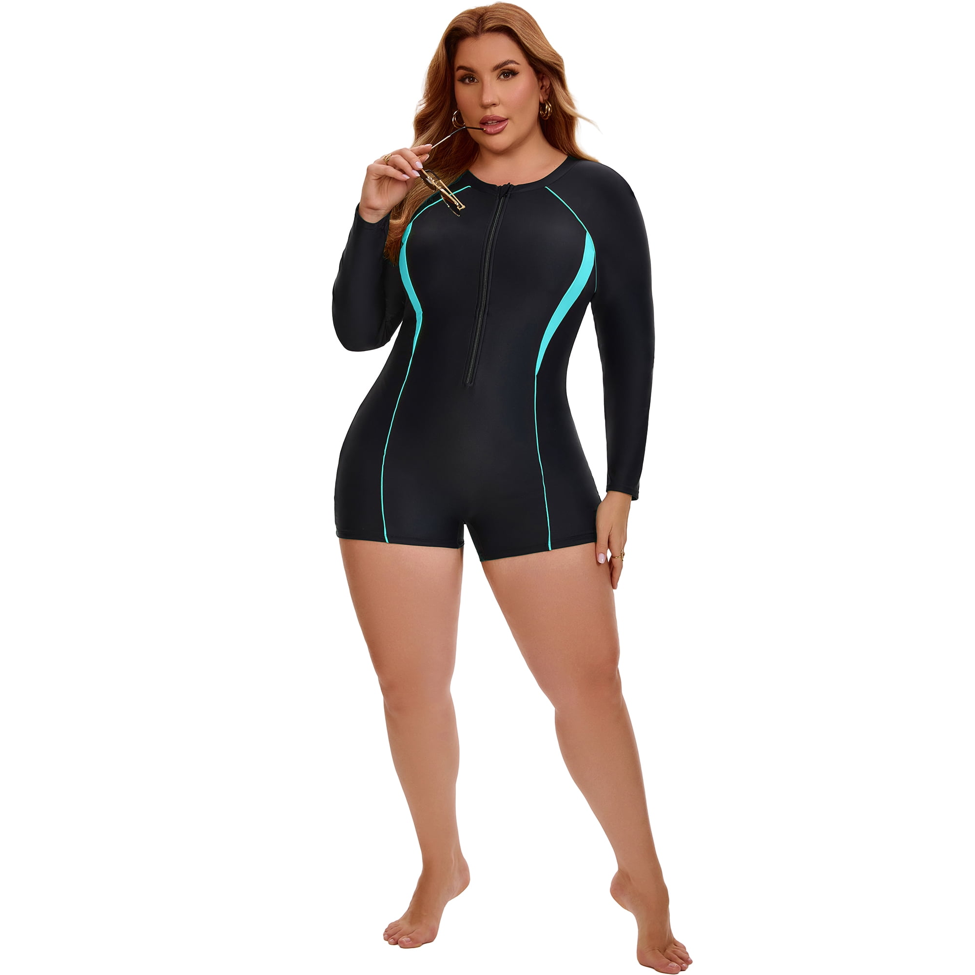 DARING DIVA Women's Plus Long Sleeve Surfing Bathing 1 Suit L Black Turquoise