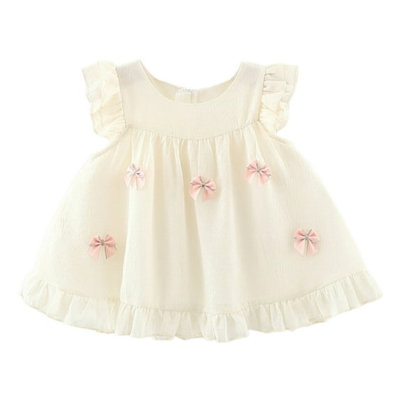 Sngxgn Girls Tie Back Short Sleeve Ruffle Hem Off Shoulder Casual Elegant Dresses(Beige,5)