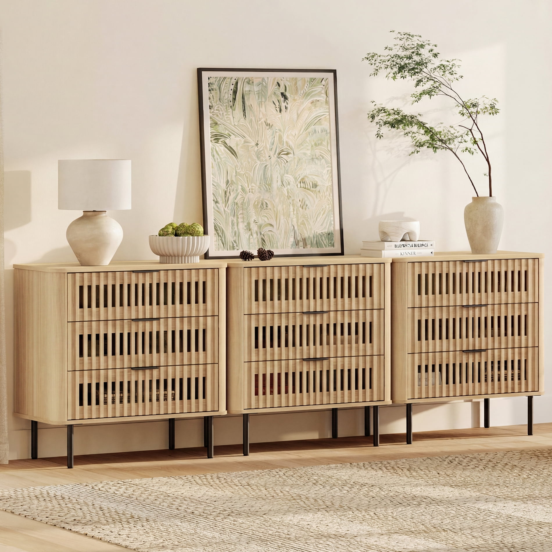 94.5"W Sideboard Buffet Cabinet with Storage, Fluted Kitchen Buffet Storage Cabinet with 9 Drawer, Large Coffee Bar Cabinet, Modern Buffet Table for Dining Living Room, Oak