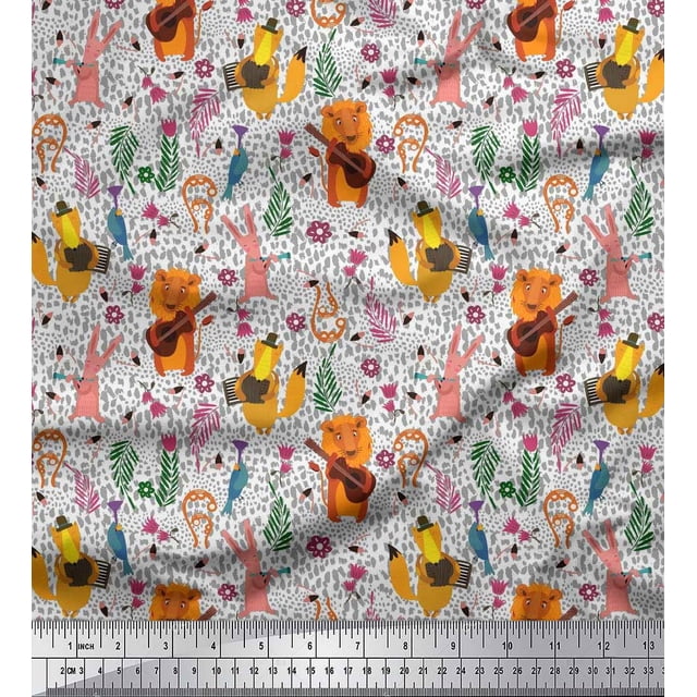 Soimoi Poly Georgette Fabric Floral,Musical Instruments & Animals Cartoon Printed Fabric 1 Yard 42 Inch Wide