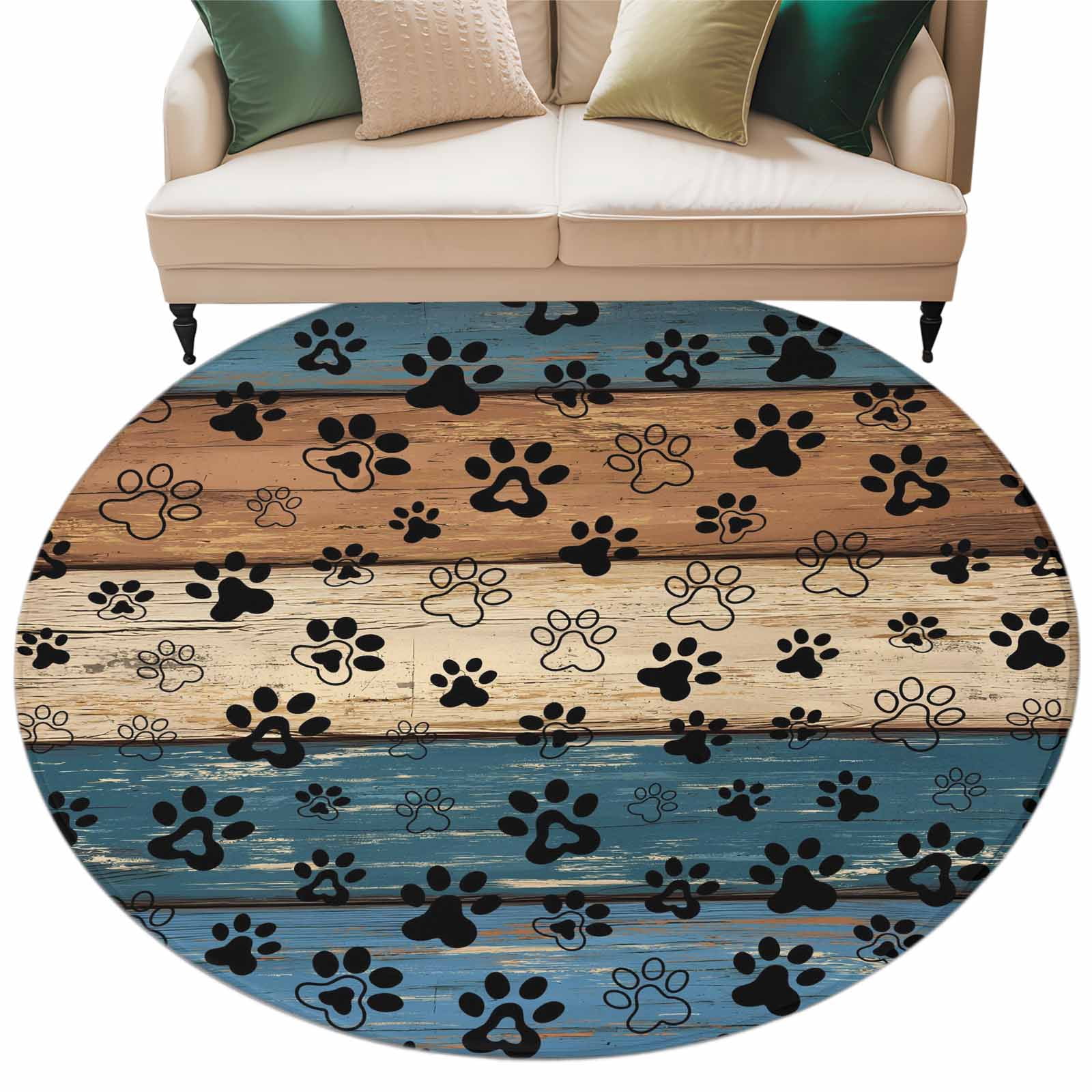 Round Area Rug 5 Ft, Navy Blue Brown Washable Non-Slip Circle Carpet for Living Room/Bedroom, Rustic Farmhouse Dog Paw Vintage Low-Profile Runner Mats Collection Rugs for Indoor