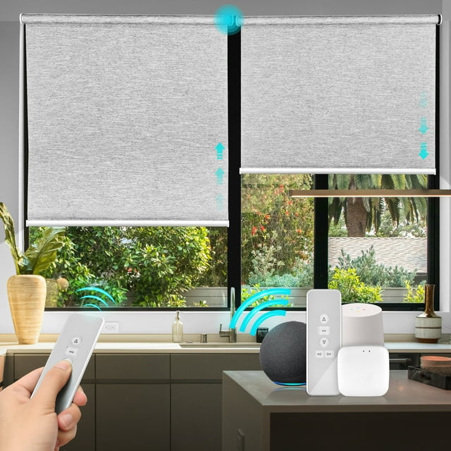 Biltek Stores Intelligents pour Fenêtres Stores Enrouleurs Motorisés & Stores Sans Cordon Stores Électriques avec Télécommande, 60 Pouces x 72 Pouces + Hub Intelligent Zigbee Stores Automatiques pour Maison Bureau Intelligent