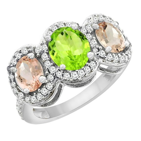 14K White Gold Natural Peridot & Morganite 3-Stone Ring Oval Diamond Accent, size 5.5