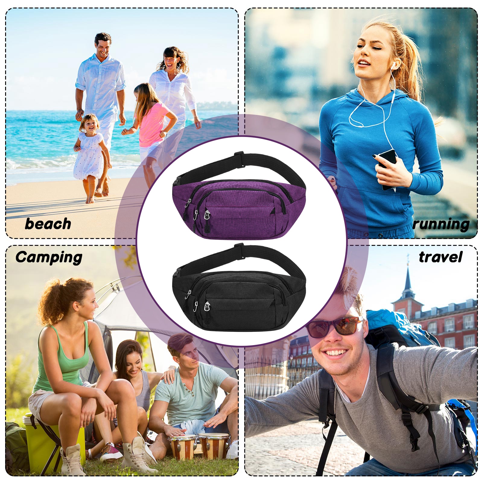AOWOO 2-Pack Women's Water-Resistant Waist Pack with 3 Zippers photo 5