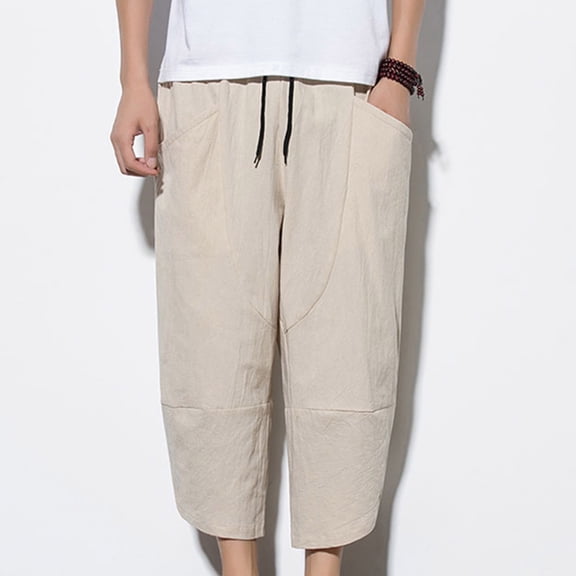 Men's Linen Harem Capri Pants Lightweight Loose 3/4 Shorts Drawstring Elastic Waist Casual Beach Yoga Trousers Cotton Linen Casual Loose Cropped Pants