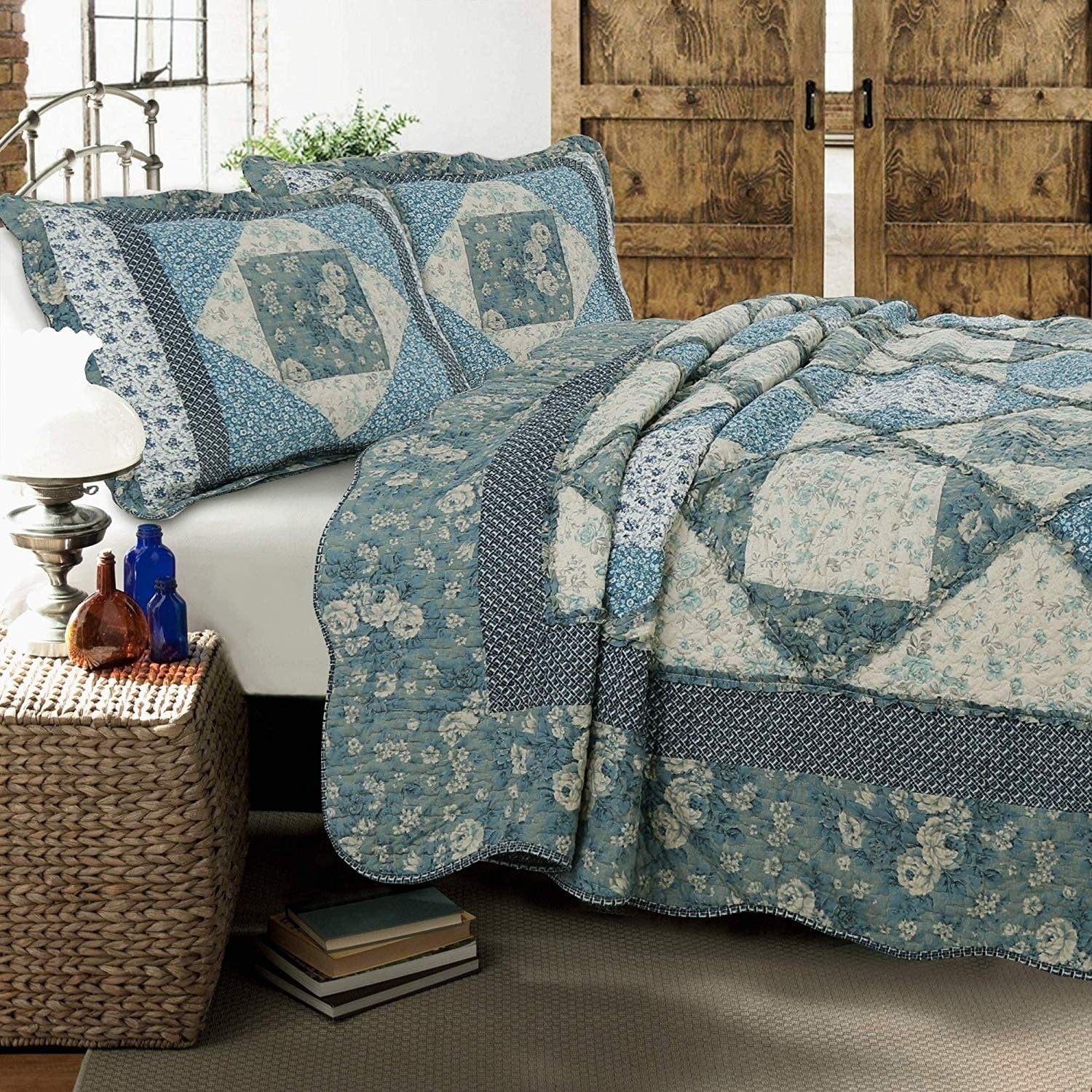 Laura Burgundy Real Patchwork Reversible 100%Cotton Quilt Set Bedspread Coverlet 