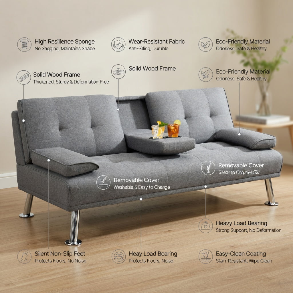 Hommoo Convertible Futon Sofa Bed with 2 Cup Holders – Light Gray Linen Fabric, 3-Position Reclining Foldable Sleeper for Small Spaces