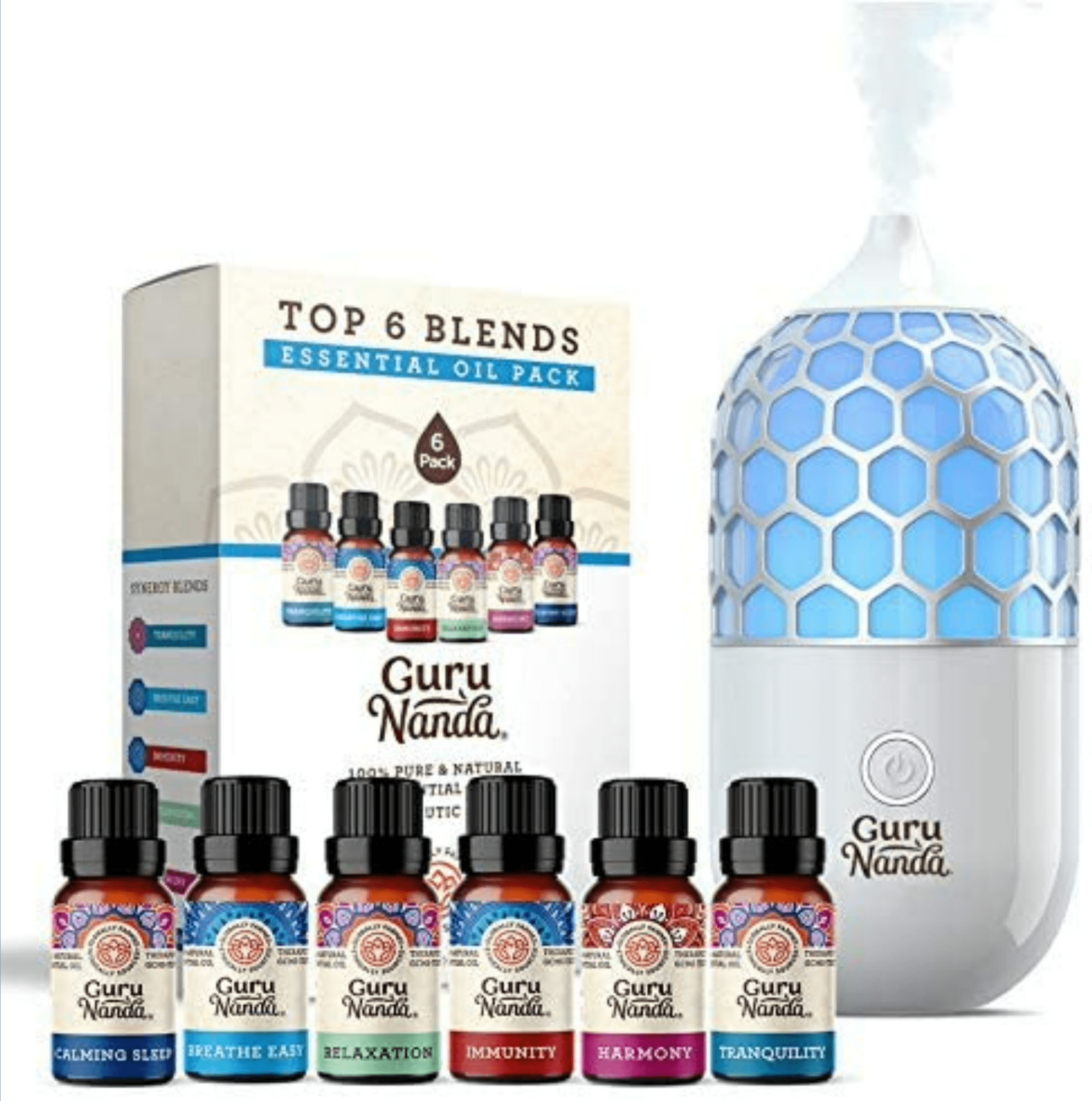 GuruNanda Essential Oil Diffuser and Set of 6 Signature Blend