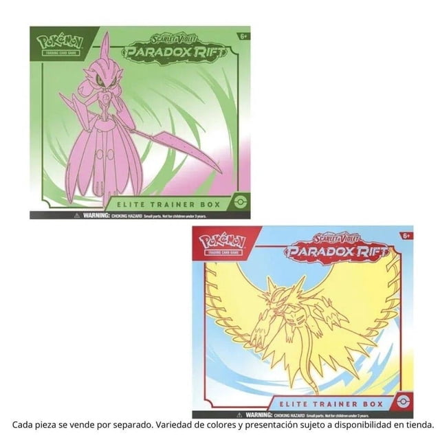 tarjetas coleccionables pokemon trading card game elite trainer box pokémon paradox varios modelos 1 pieza Vista frontal de dos Elite Trainer Box separadas; una caja con fondo verde y arte lineal rosa de Ferropaladín en posición erguida con arma, y otra con fondo azul y rojo con silueta amarilla de Bramaluna/Reyalado con alas abiertas; ambas muestran el logotipo Paradox Rift y la etiqueta Elite Trainer Box. Cada pieza se vende por separado.