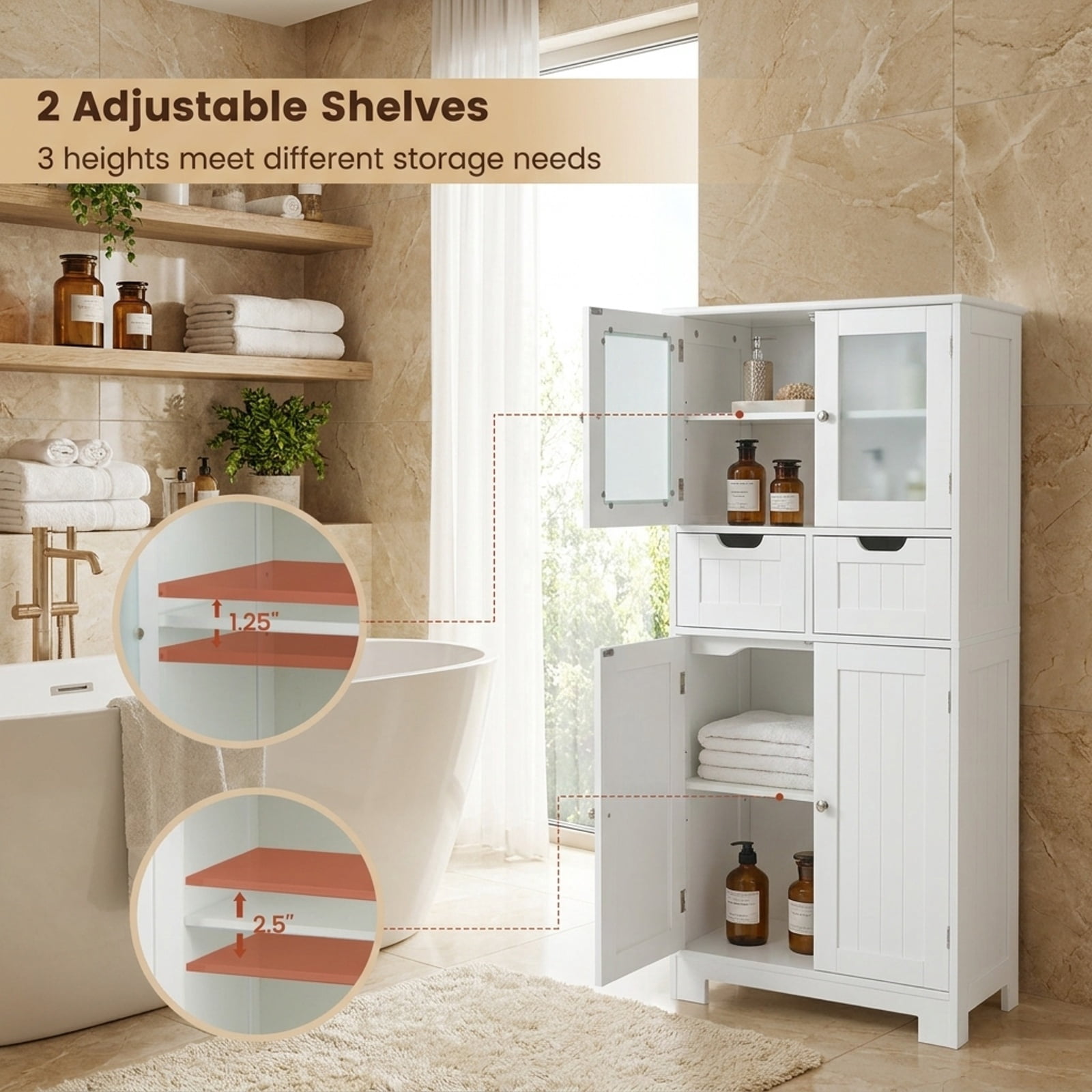 Vebreda Freestanding Bathroom Storage Cabinet, 4 Door Freestanding Bathroom Floor Storage Cabinet with 2 Drawers and Glass Doors