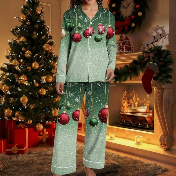EchfiProm Christmas Pajamas for Women One Sets Plus Size Loungewear Pants and Long Sleeve Button down Adults Pjs Set