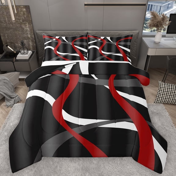 Homewish Geometric Waves Striped Bedding Comforter Set,Modern Minimalist Lines Twin Comforter Sets,Gray White Red Bedding Set For Girls Kids,Luxury Bedroom Decor Reversible,2 Pieces
