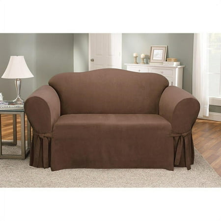 Soft Suede Loveseat Slipcover Chocolate - Sure Fit: Stretch Fit Polyester &#38; Spandex, Indoor Use, Zipper Closure