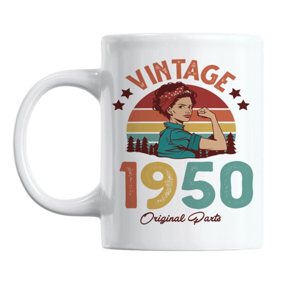 Vintage 1950 feat. a Strong Woman & Retro Sunset Ceramic Coffee & Tea Mug (11oz)