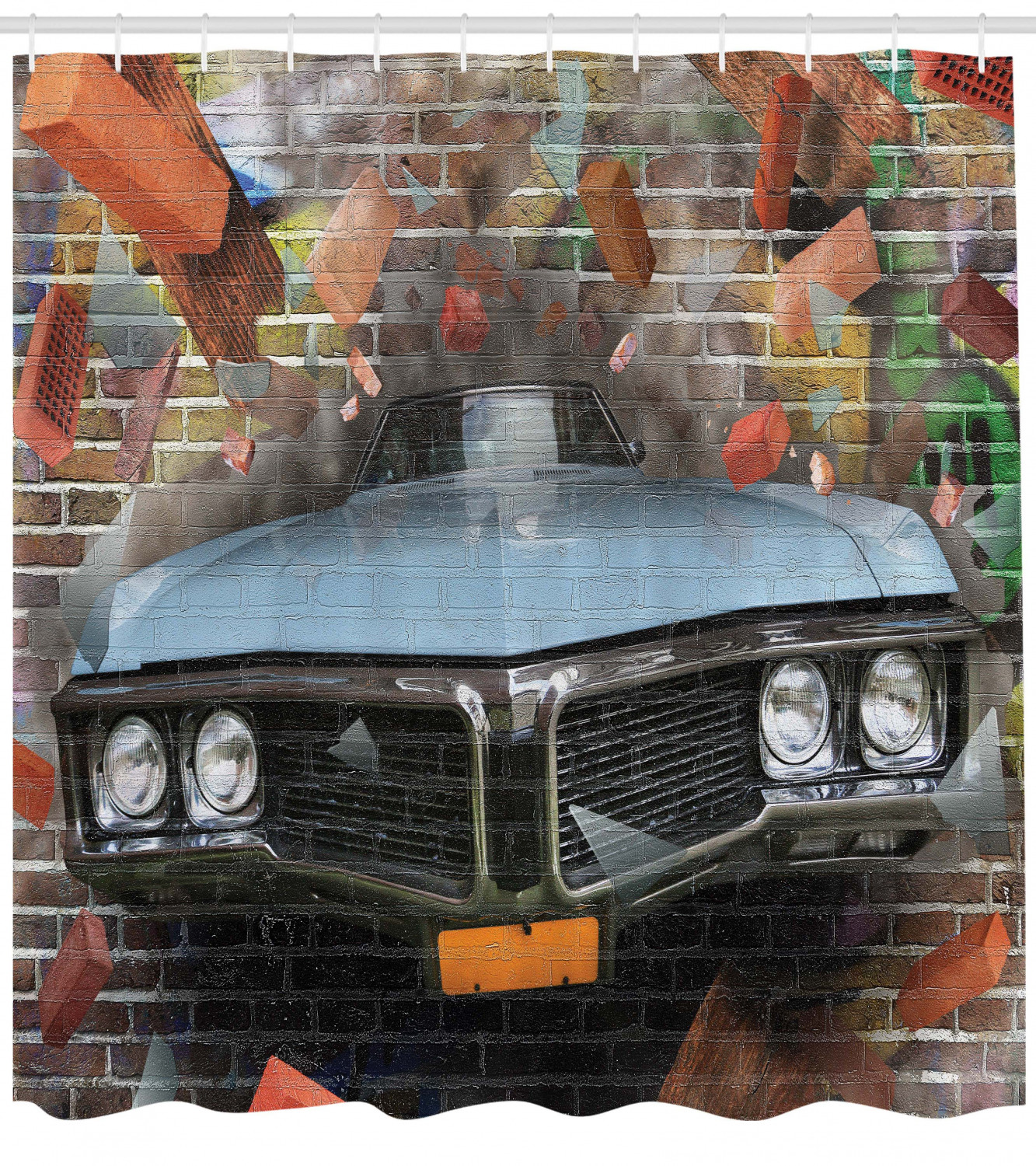 Cars Shower Curtain, Graffiti Featured Graphic of Crashing ...