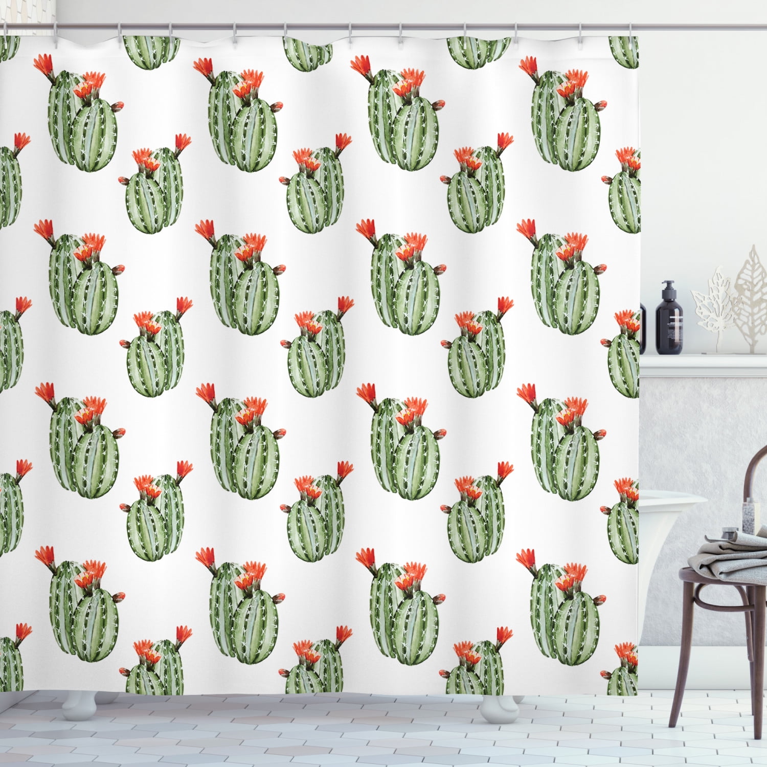 Green Cactus Orange Flowers Shower Curtain Liner Polyester Fabric Bathroom Hooks 