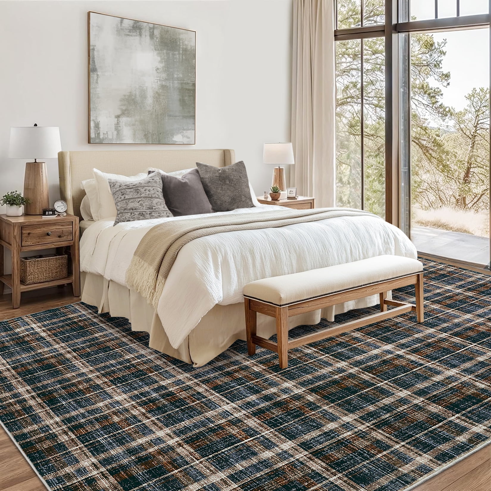 Garvee 9x12 Geometric Striped Area Rug Living Room Rug, Machine Washable Plaid Rugs With Non-Slip Backing Low Pile Stain Resistant Indoor Carpet for Bedroom Dining Room Home Office, Black Brown