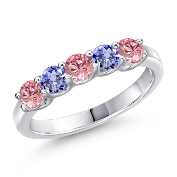 Gem Stone King 925 Sterling Silver Pink Lab Grown Diamond and Blue Tanzanite Wedding-Bands Ring for Women | 0.90 Cttw | Round 3.5MM | Gemstone April Birthstone | Size 5