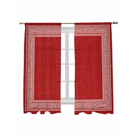 Christmas Red Linen Sheer Curtains 63 Inch Long 2 Panels, Greece Vintage Farmhouse Light Filtering Rod Pocket Semi Sheer Curtains, Sheer Voile Drapes for Living Room Bedroom, 52"x63"