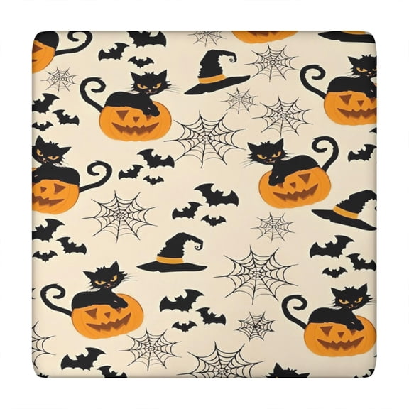 Black Cat Pumpkin Halloween Pattern Square Fitted Tablecloth with Elastic Edge,Square Table Cover,Washable Elastic Table Cover for Home Kitchen Party Decor 34"x34"