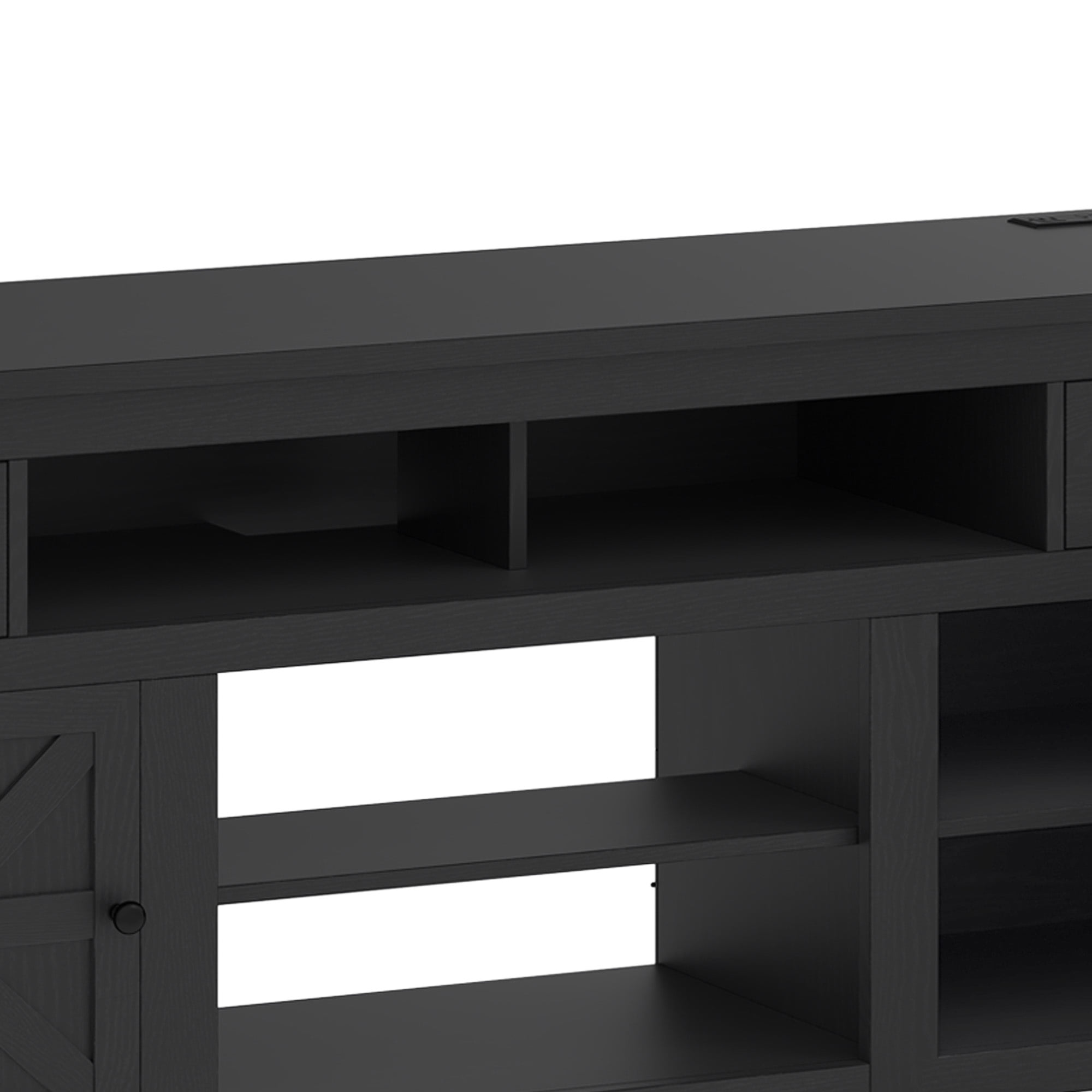 Uforic 70 Inch Modern Farmhouse TV Stand for 75/80 Inch TV with Built-in Power Outlets, 2 Cabinets & Open Compartments for Living Room, Black