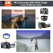 Digital Camera, 48MP Flip Screen Camcorder for Photography on YouTube, video camera with Wide-Angle Lens and Macro Lens, 32G Micro Card, 2 Batteries,1 Filters(Black)