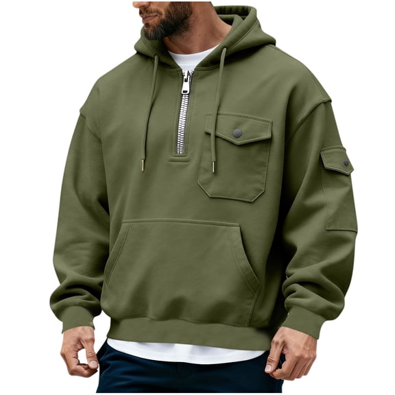 MOJOGO Heavyweight Sweatshirts for Men Casual Quarter-zip Hoodie Loose Pullover Tops Warm Outfits with Pockets Olive Green L
