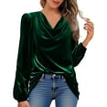 thumbnail image 3 of Women's Gold Velvet V-Neck Long Sleeve T-Shirt Fashion Casual Loose Fit Top for Autumn Winter Comfort Wear Green XL, 3 of 9