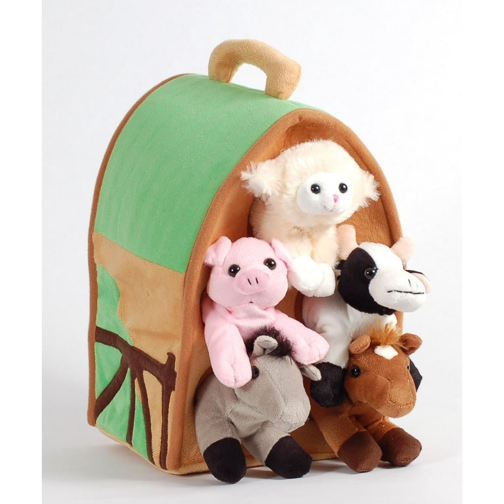Plush Farm House with Animals- Five (5) Stuffed Farm Animals (Horse, Lamb, Cow, Pig, Grey Horse