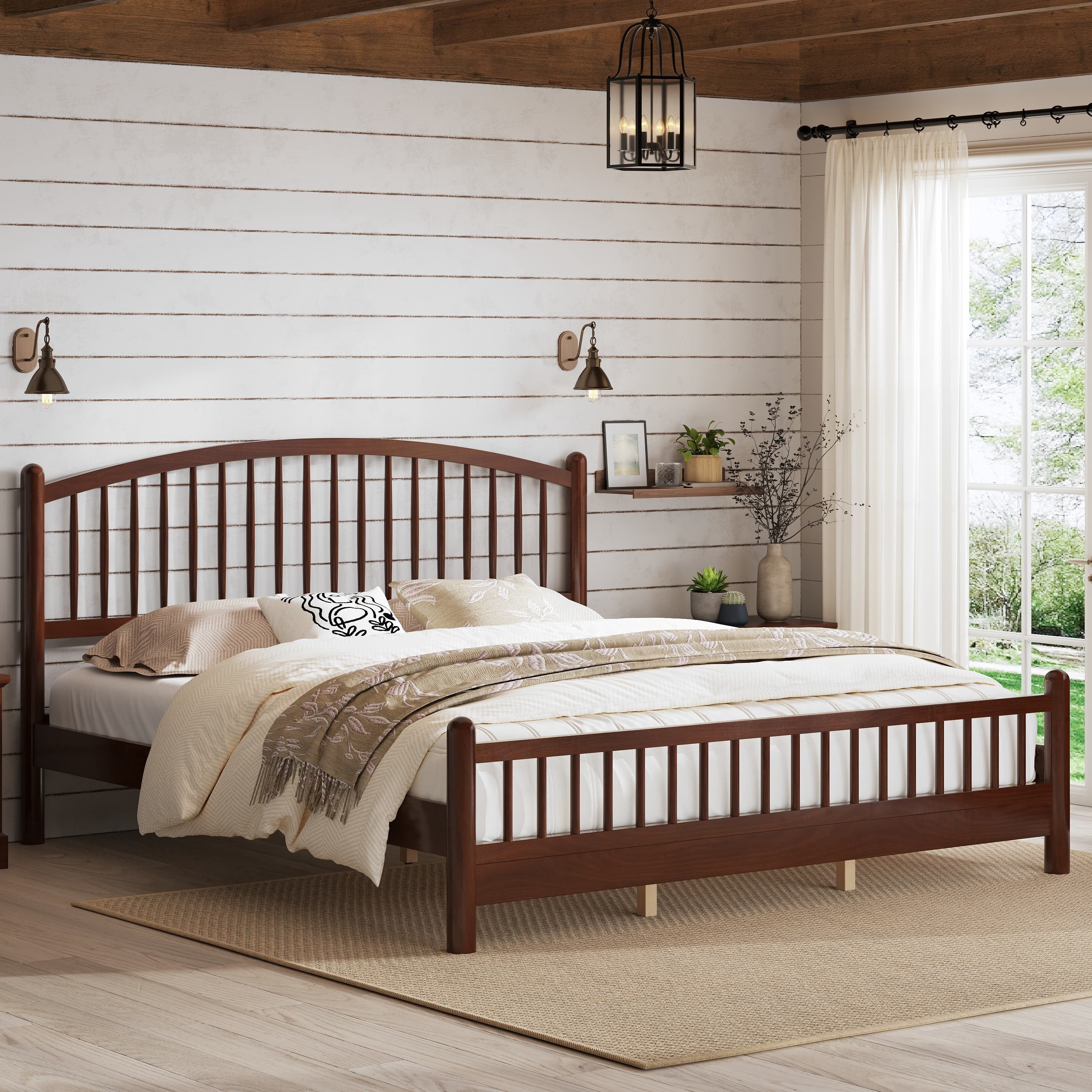 Euroco King Size Wood Platform Bed with Arched Headboard, No Box Spring Needed, Espresso