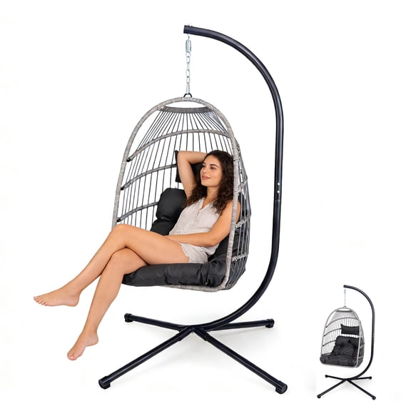 Swing Egg Chair with Stand, Patio Rattan Wicker Hammock Chair, Hanging Chair Pad,  350LBS Capacity for Patio, Bedroom, Garden