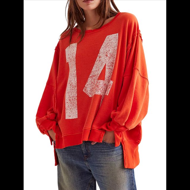 Camiseta con Gráfico de Números para Mujer, Sudadera de Larga con Cuello Redondo, Suéteres Extragrandes. Color Naranja S