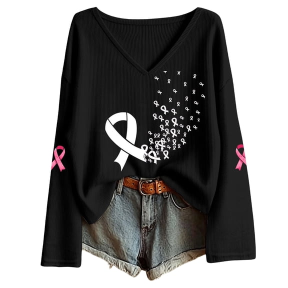 Gunia Breast Cancer T Shirts For Women Pink Ribbon Breast Cancer Awareness Gifts Long Sleeve V Neck Shirt Fashion Fall Tops,Size S-3Xl